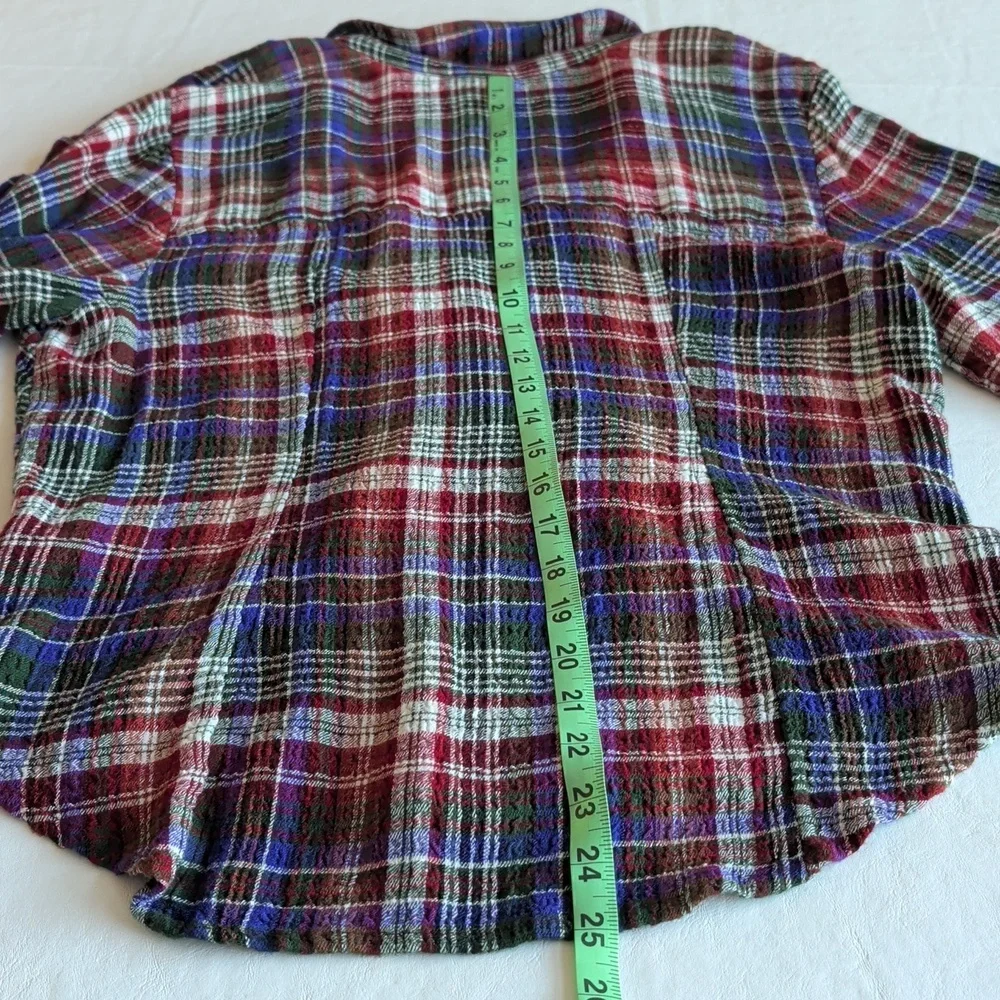 Pilcro Cinched Deep V Plaid Button Down Longsleeve Multicolor Boho Top Size L - Picture 10 of 11